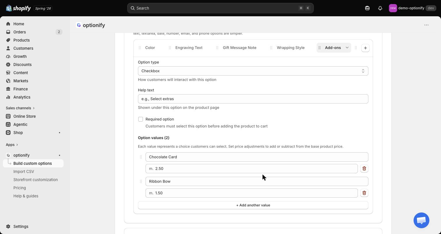 Checkbox option configuration in the Optionify Option Set Editor with per-checkbox add-on prices
