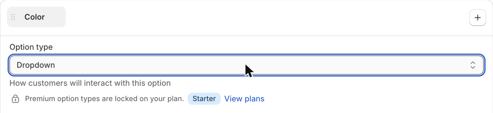 Choosing an option type from the 17 available in the editor
