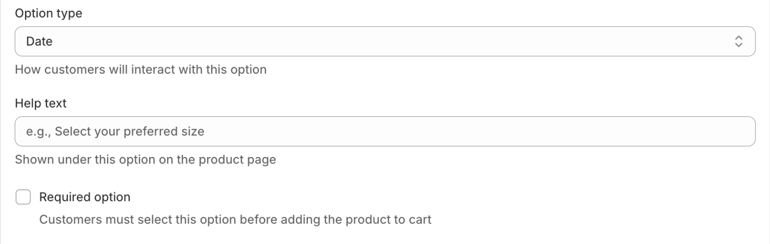 Date picker settings in the Optionify Option Set Editor showing the date range and blocked weekdays
