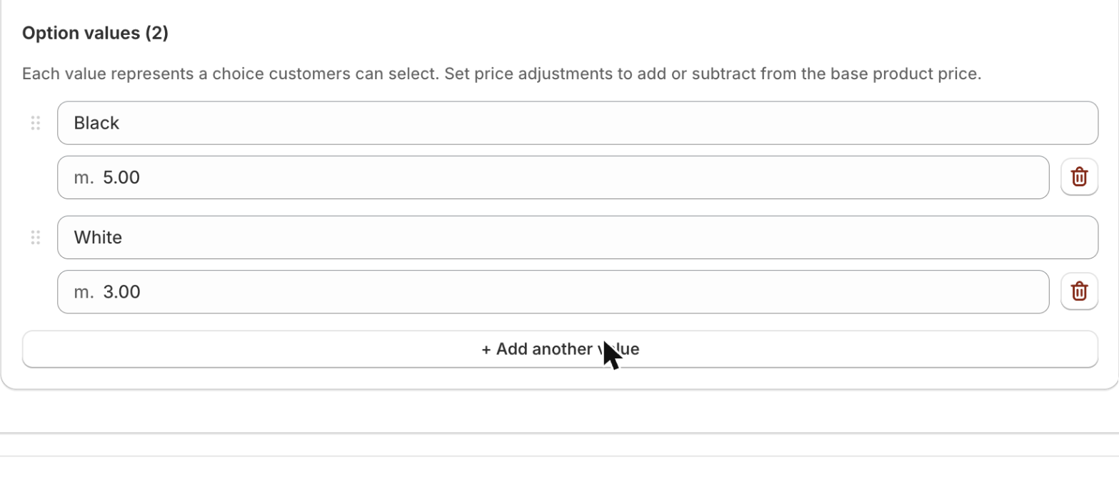 Dropdown option configuration in the Optionify Option Set Editor showing values and add-on prices