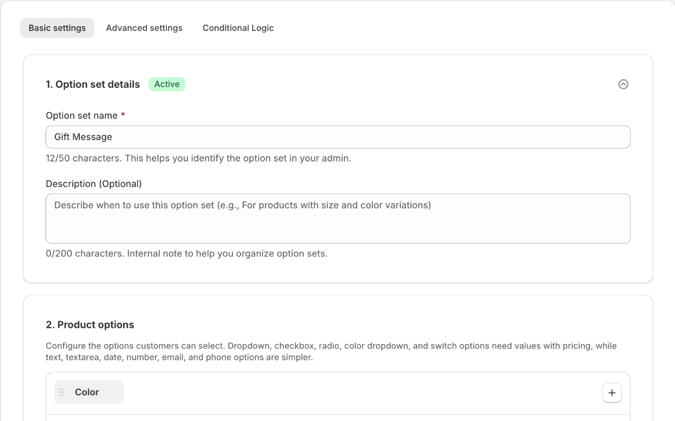 The Optionify option set editor with an option and its values