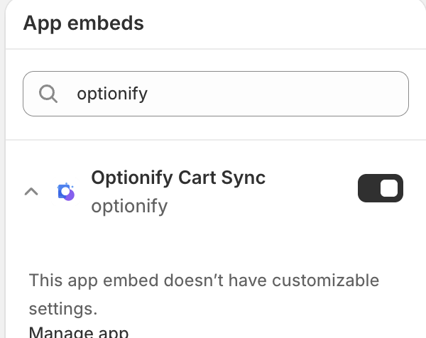 The Optionify app embed toggle in the Shopify theme editor