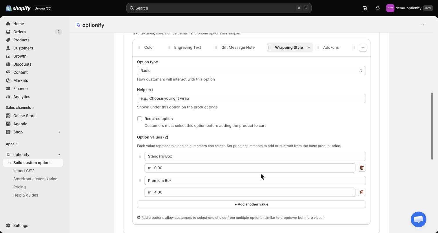 Radio buttons option configured in the Optionify Option Set Editor with values and add-on prices
