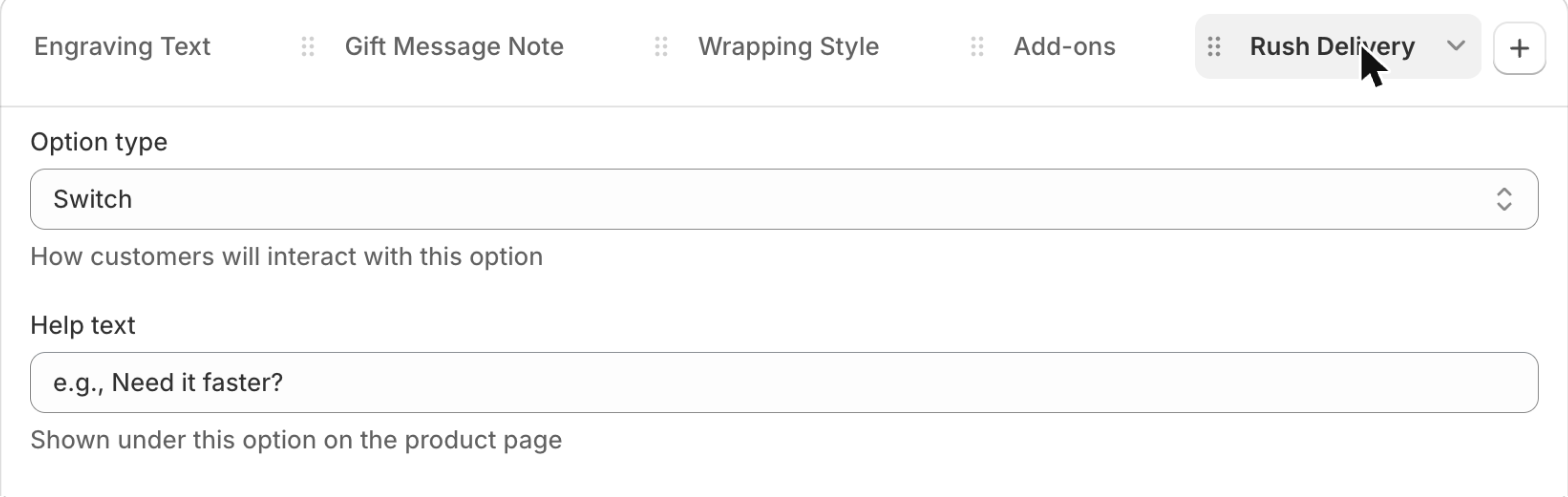 Optionify Option Set Editor configuring a Switch option with a price