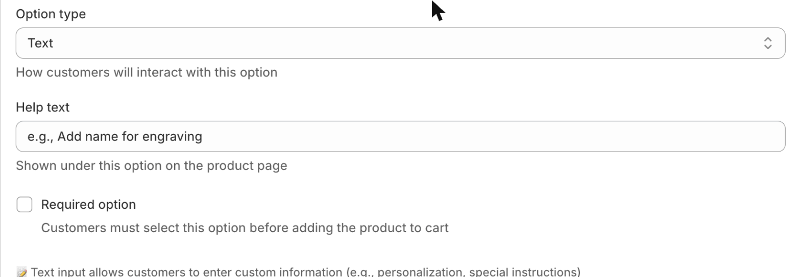 Text input settings in the Optionify Option Set Editor showing the label and character limit