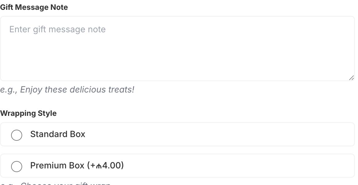 Textarea option collecting a gift message on a Shopify product page